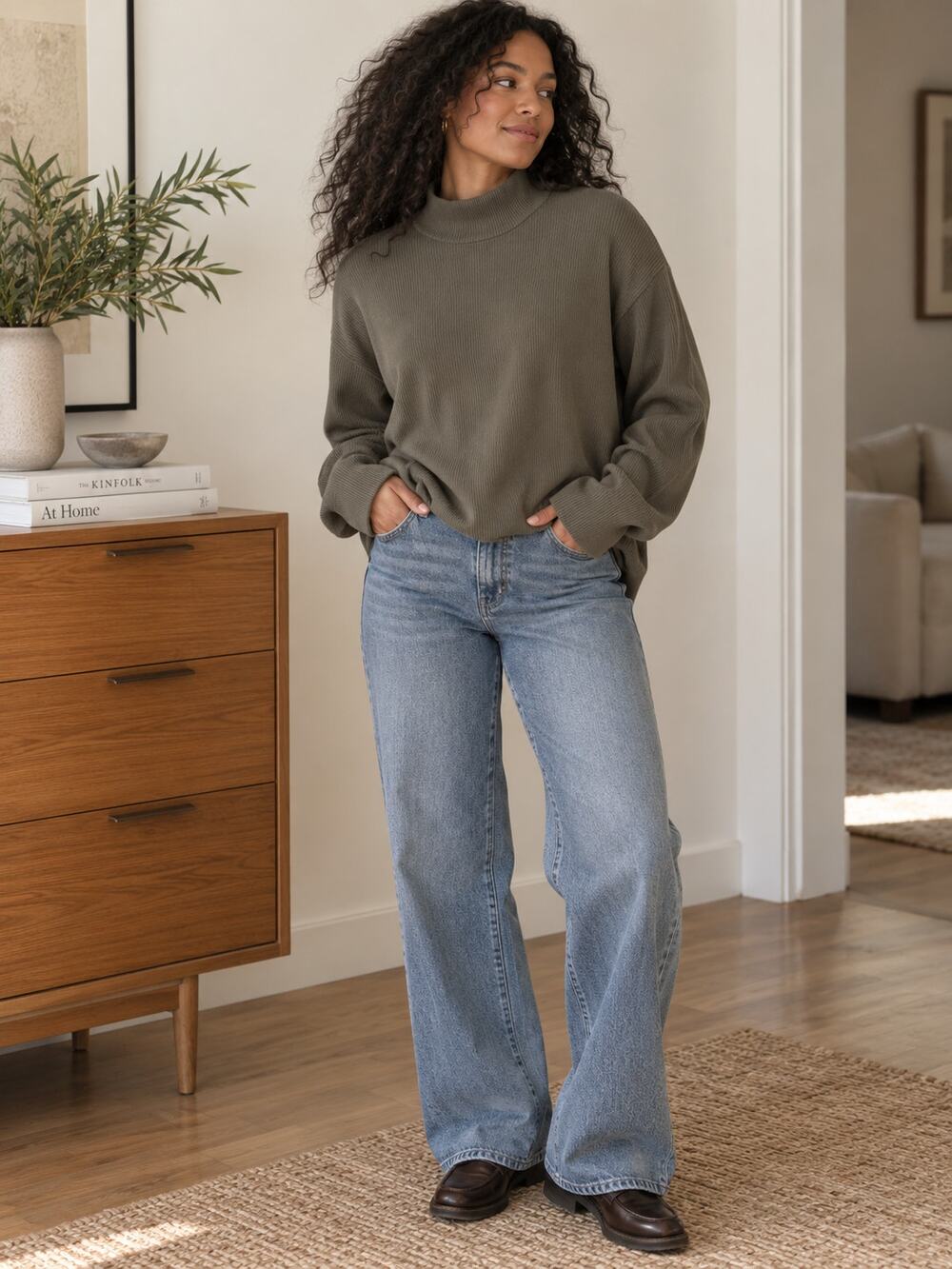 Claiborne Oversized Ribbed Mock Neck Sweater Olive Gray XL Minimalist ✨